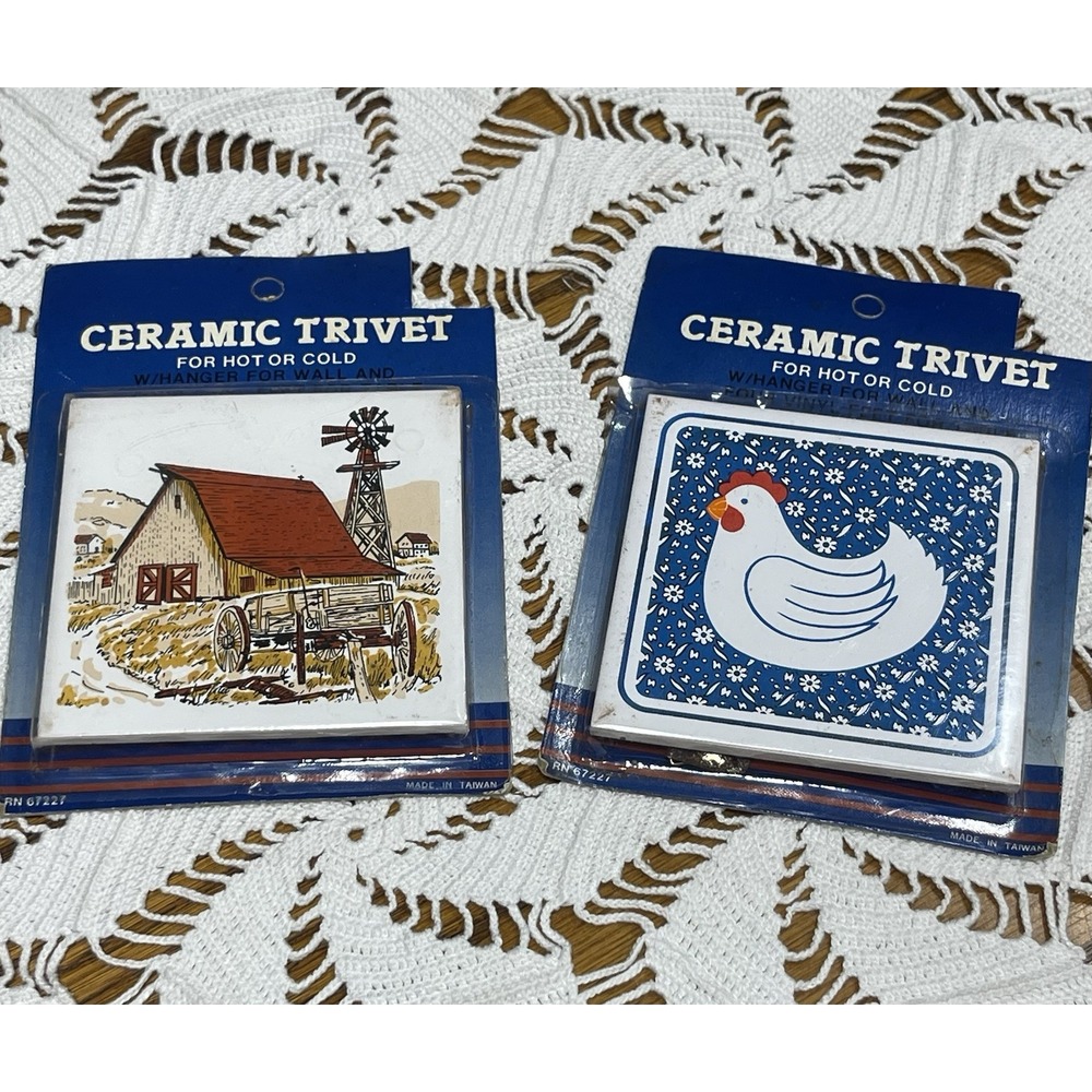 Vintage Country Chicken Ceramic Trivet Or Wall Art In Package Lot Of 2 Taiwan